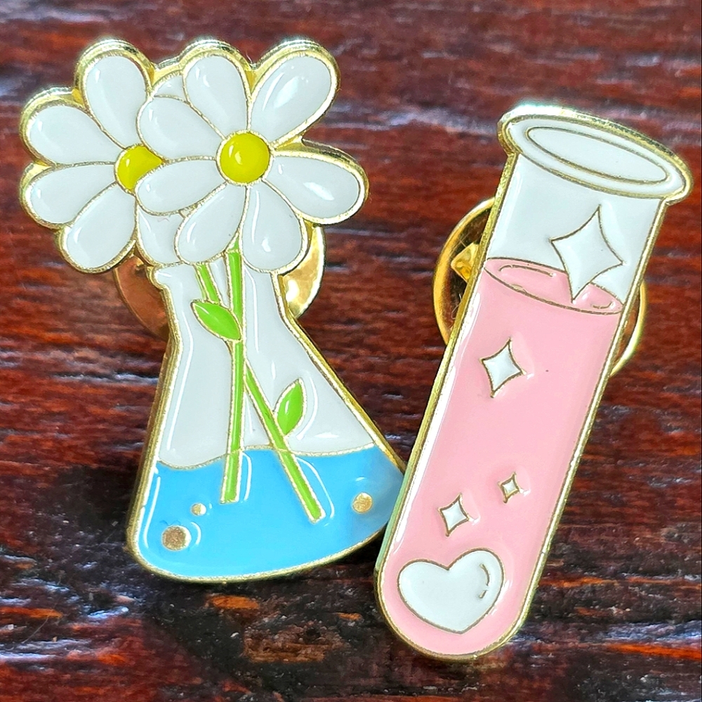 Enamel Pin Set - Pink and Blue Scientific Test Tube & Flower Vase